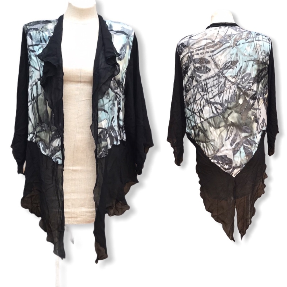 Vintage 80s Sheer Open Blouse Top Abstract Print L - image 2